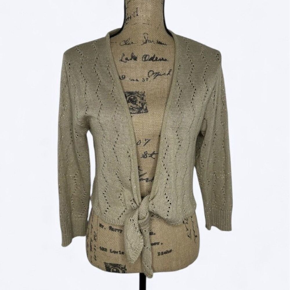 Kikit Cropped Tie Front Pointelle Knit Cardigan Sz L Metallic Layering Y2K Vtg‎